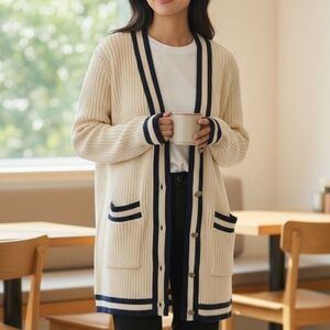 CAbi | Cream Navy Striped Preppy Academia Varsity Ribbed Cardigan Pockets | M
